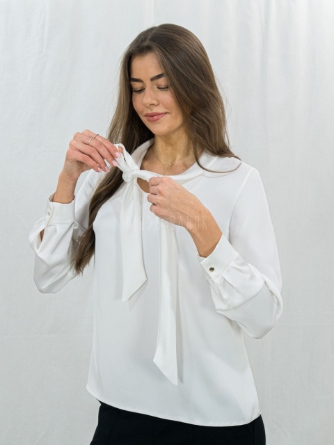 Elegancka biała bluzka wiązana pod szyją-MODA SANOK