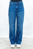 Spodnie damskie jeansowe w kolorze ciemnoniebieskim z prostą szeroką nogawką - MODA SANOK