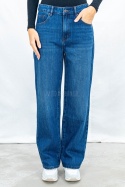 Spodnie damskie jeansowe w kolorze ciemnoniebieskim z prostą szeroką nogawką - MODA SANOK