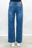 Spodnie jeansowe damskie regular fit z prostą nogawką w kolorze ciemno niebieskim - MODA SANOK