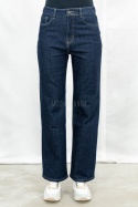 Spodnie jeansowe damskie regular z prostą nogawką i wysokim stanemw w kolorze ciemnego granatu - MODA SANOK