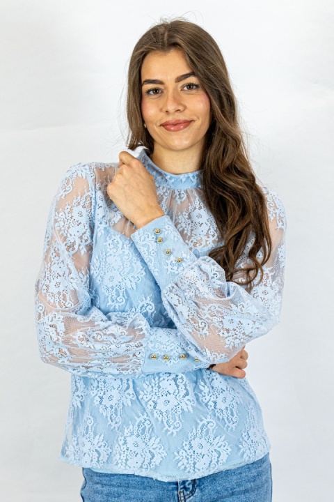 Elegancka koronkowa bluzka w kolorze błękitnym z długim rękawem i stójką - MODA SANOK
