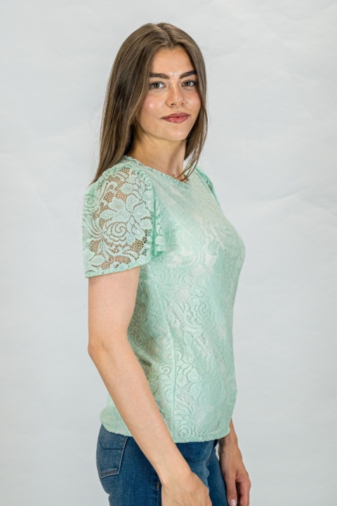 Bluzka damska koronkowa krótki rękaw w kolorze miętowym - Moda Sanok
