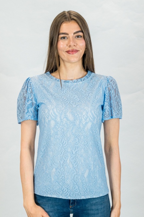 Bluzka damska koronkowa krótki rękaw niebieska - Moda Sanok