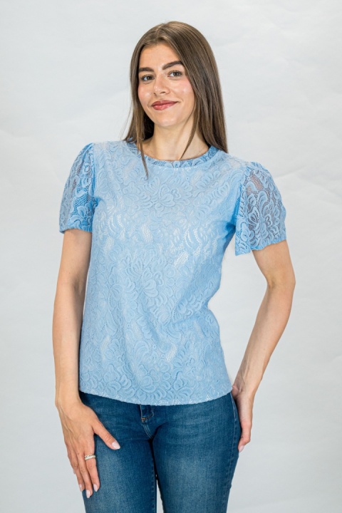Bluzka damska koronkowa krótki rękaw niebieska - Moda Sanok