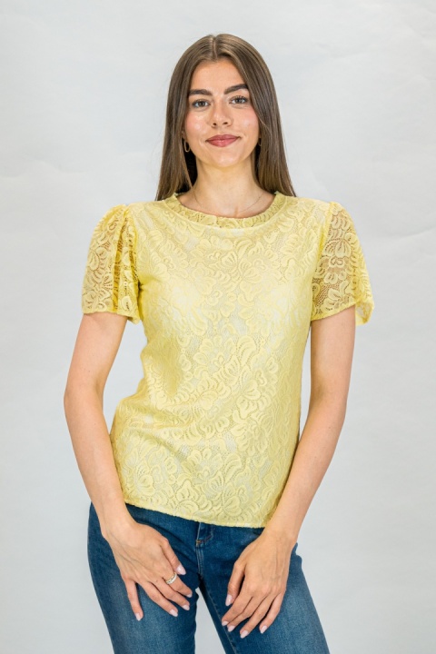 Bluzka damska koronkowa krótki rękaw w kolorze żółtym - Moda Sanok