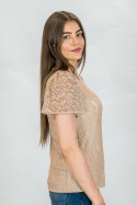 Bluzka damska koronkowa krótki rękaw w kolorze beżowym - Moda Sanok