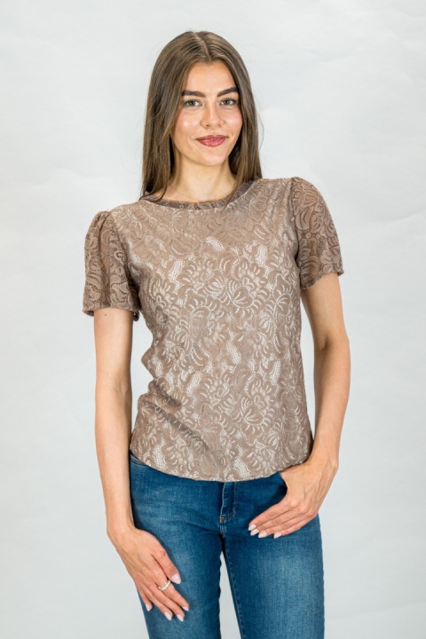 Bluzka damska koronkowa krótki rękaw w kolorze ciemny beż - Moda Sanok