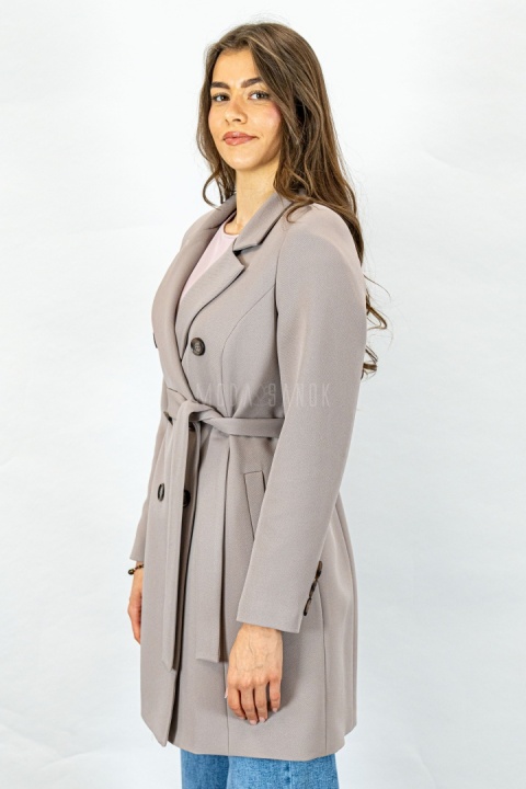 Elegancki damski dwurzędowy płaszcz w kolorze beżowym - MODA SANOK
