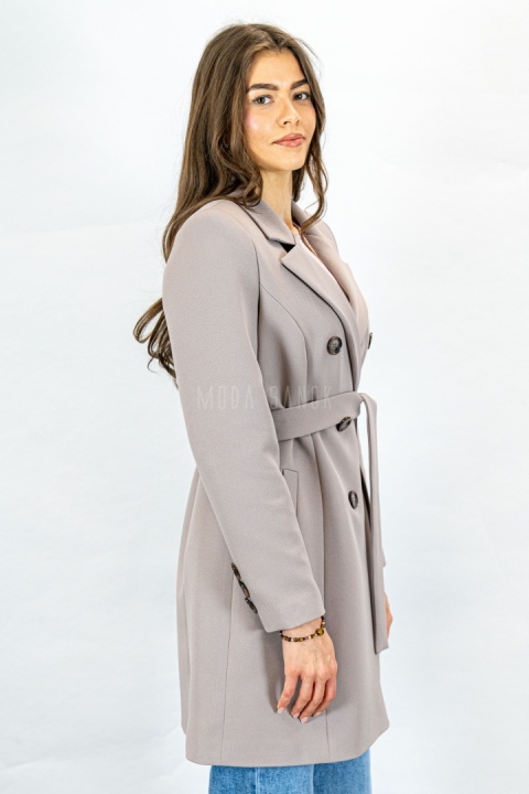Elegancki damski dwurzędowy płaszcz w kolorze beżowym - MODA SANOK