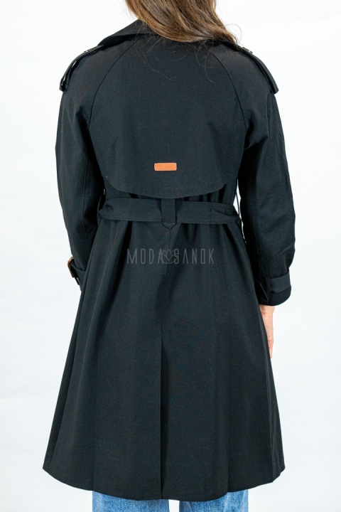 Elegancki damski dwurzędowy płaszcz trencz w kolorze czarnym - MODA SANOK
