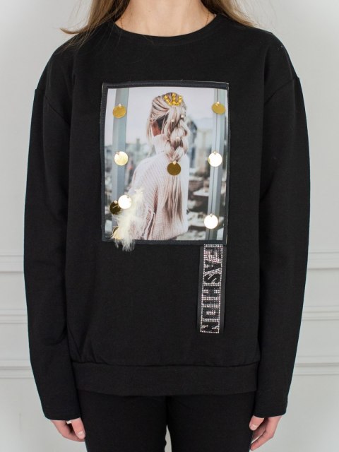 Czarna bluzka dla dziewczynki z nadrukiem blaszkami MIRA - MODA SANOK