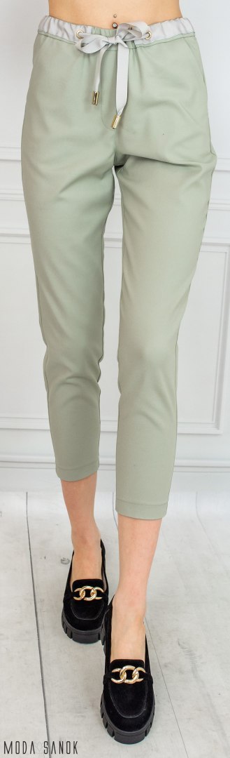Oryginalne spodnie Lavinia damskie wiązane na gumce eleganckie - jasna oliwka - MODA SANOK