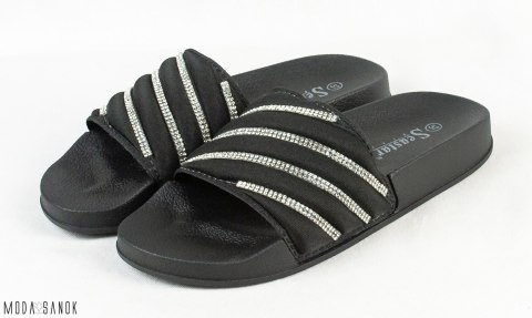 Czarne damskie klapki z srebrnymi cyrkoniami MODA SANOK