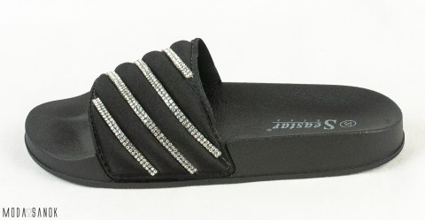 Czarne damskie klapki z srebrnymi cyrkoniami MODA SANOK