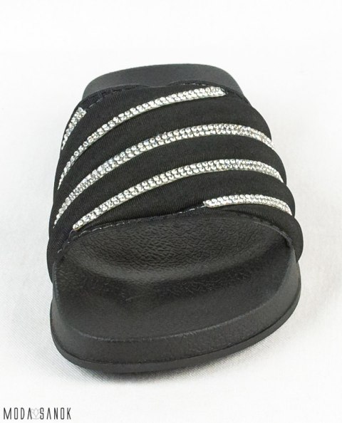 Czarne damskie klapki z srebrnymi cyrkoniami MODA SANOK
