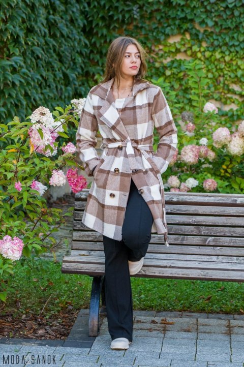 Biało-brązowy płaszcz w kratę - MODA SANOK