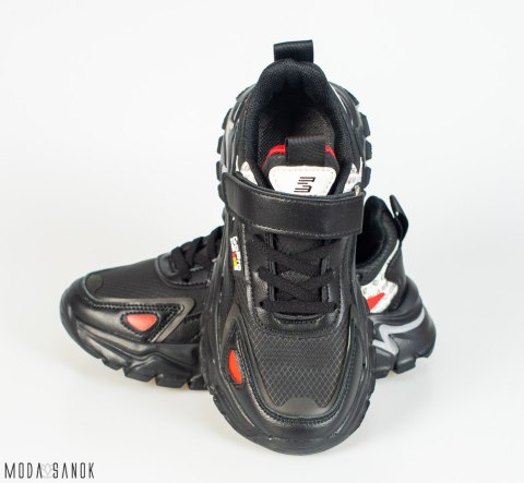 Czarne adidasy chłopięce z białymi i czerwonymi wstawkami Clibee - MODA SANOK