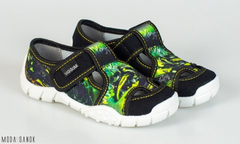 Czarne pantofle z zielono-żółtą aplikacją Viggami oddychające na rzepy - MODA SANOK