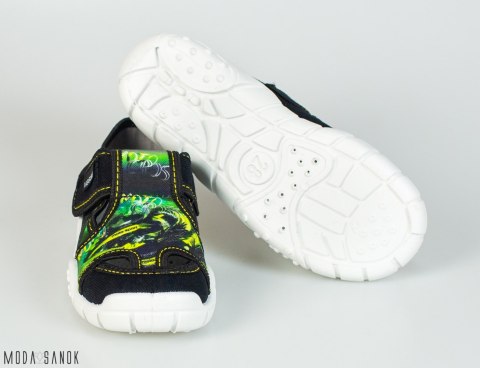 Czarne pantofle z zielono-żółtą aplikacją Viggami oddychające na rzepy - MODA SANOK