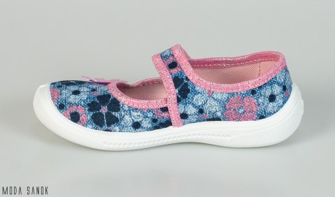 Dżinsowe pantofle z różowymi kwiatkami Viggami - MODA SANOK