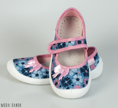 Dżinsowe pantofle z różowymi kwiatkami Viggami - MODA SANOK