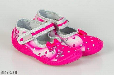Fuksjowe pantofle dziewczęce z kokardką Viggami oddychające na rzep - MODA SANOK