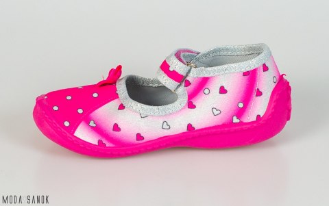 Fuksjowe pantofle dziewczęce z kokardką Viggami oddychające na rzep - MODA SANOK