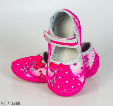 Fuksjowe pantofle dziewczęce z kokardką Viggami oddychające na rzep - MODA SANOK