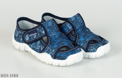 Granatowe pantofle z czarnymi wzorami Viggami oddychające na rzepy - MODA SANOK