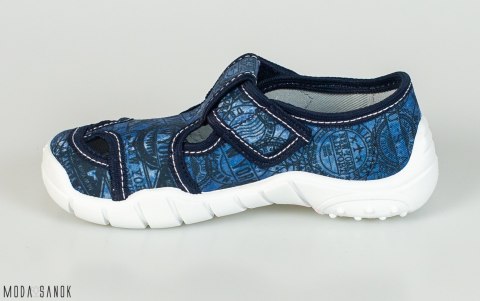 Granatowe pantofle z czarnymi wzorami Viggami oddychające na rzepy - MODA SANOK