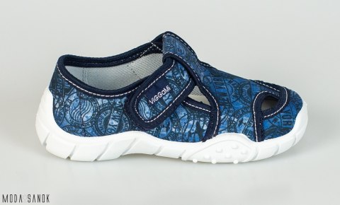 Granatowe pantofle z czarnymi wzorami Viggami oddychające na rzepy - MODA SANOK