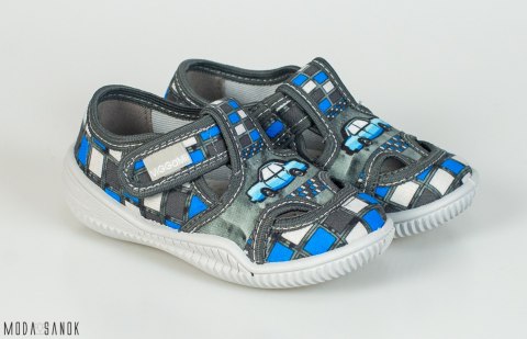 Szare pantofle chłopięce z aplikacją samochodu Viggami na rzepę - MODA SANOK