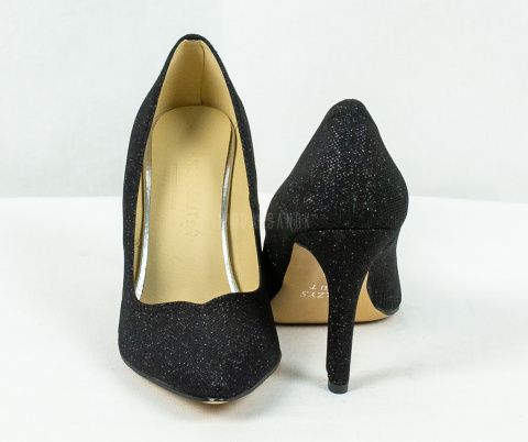 Czarne klasyczne szpilki pokryte siateczką z brokatowym połyskiem MODA SANOK