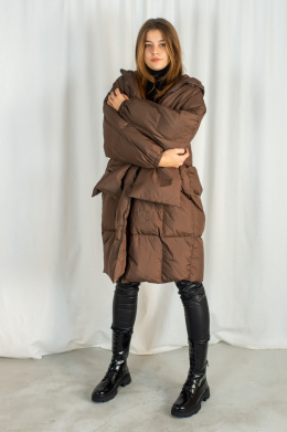 Damska ciepła kurtka z kapturem oversize - brązowa - Moda Sanok
