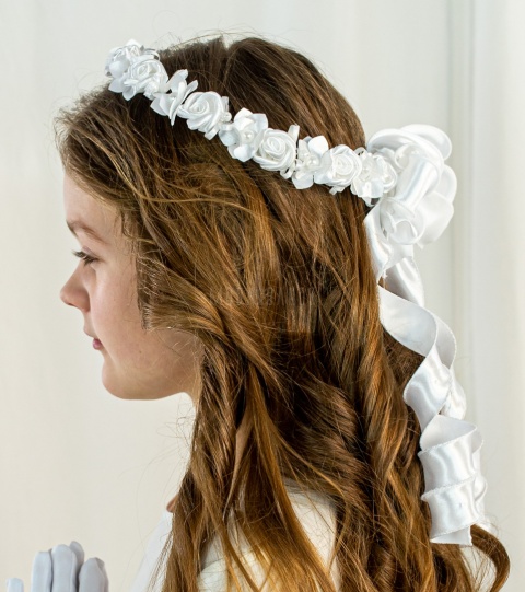 Wianek Komunijny w kwiatuszki z delikatnymi perełkami oraz satynowymi wstążeczkami MODA SANOK