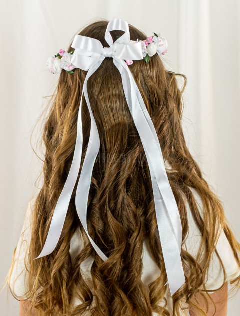 Wianek komunijny dziewczęcy delikatny w biało różowe kwiatuszki z zielonymi listkami MODA SANOK