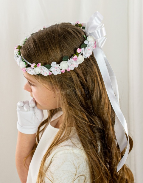 Wianek komunijny dziewczęcy delikatny w biało różowe kwiatuszki z zielonymi listkami MODA SANOK