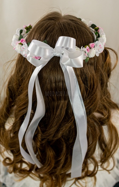 Wianek komunijny dziewczęcy delikatny w biało różowe kwiatuszki z zielonymi listkami MODA SANOK