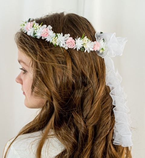 Wianek komunijny dziewczęcy z delikatnymi kwiatuszkami perełkami na druciku MODA SANOK