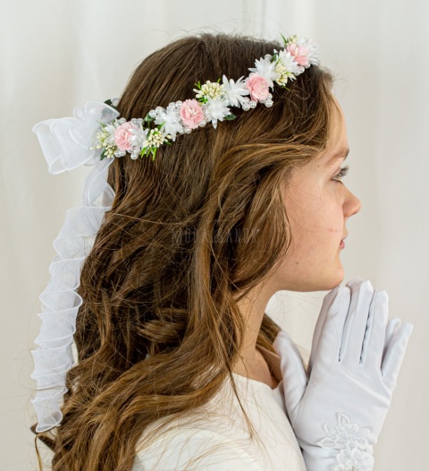 Wianek komunijny dziewczęcy z delikatnymi kwiatuszkami perełkami na druciku MODA SANOK