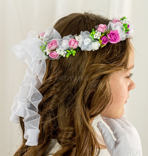 Wianek komunijny dziewczęcy z piankowych i satynowych różyczek w kolorze ciemnego i jasnego różu z dodatkiem zieleni MODA SANOK