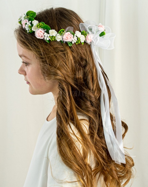 Wianek komunijny dziewczęcy z piankowymi różyczkami i zielonymi listkami MODA SANOk