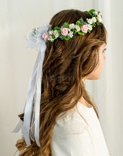 Wianek komunijny dziewczęcy z piankowymi różyczkami i zielonymi listkami MODA SANOk