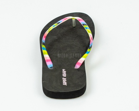 Japonki, klapki damskie w kolorze czarnym z kolorową gumową górą na piankowej podeszwie SUPER GEAR- MODA SANOK