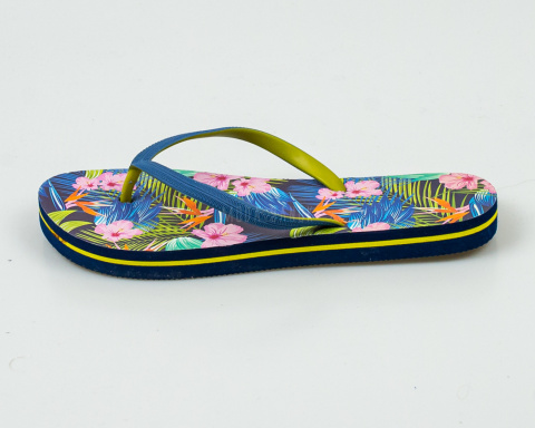 Japonki, klapki damskie w kolorze granatowo zielonym z motywem kwiatowym MOODO - MODA SANOK