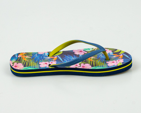 Japonki, klapki damskie w kolorze granatowo zielonym z motywem kwiatowym MOODO - MODA SANOK