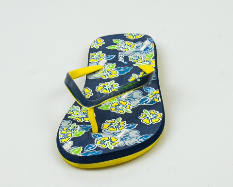 Japonki, klapki damskie z motywem kwiatowym na piankowym spodzie w kolorze granatowo-żółtym SUPER GEAR - MODA SANOK