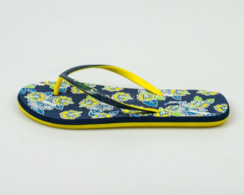 Japonki, klapki damskie z motywem kwiatowym na piankowym spodzie w kolorze granatowo-żółtym SUPER GEAR - MODA SANOK