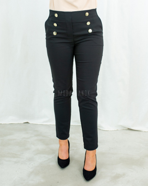 Spodnie BB eleganckie czarne z gumą w pasie, cygaretki 7/8, złote dwurzędowe guziki - MODA SANOK